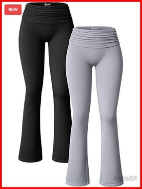 Ribbed Fold Over High Waist Flared Pants Set - 2 Pack